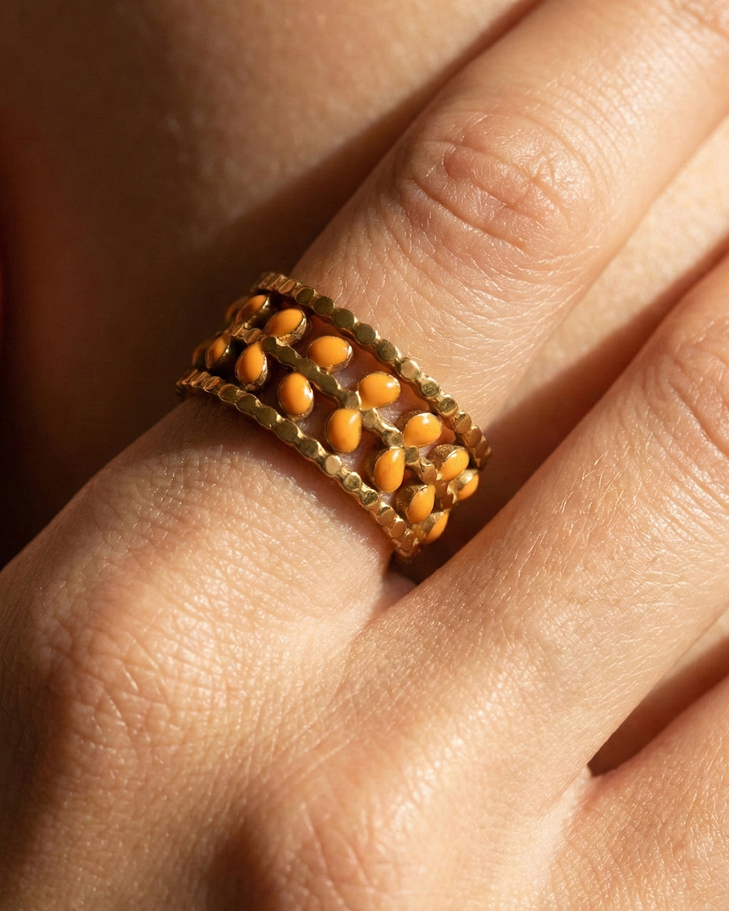 Beaded Amber Petal Ring